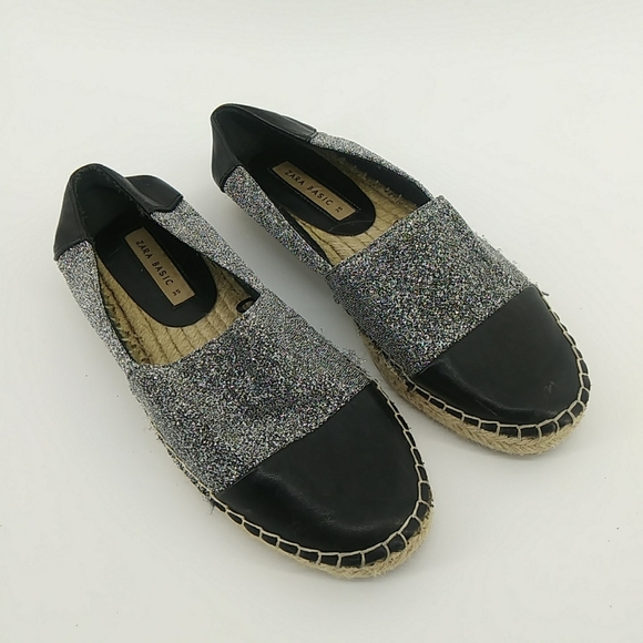 Zara Basic Collection Metallic Faux Leather Cap Toe Espadrills Silver Glitter 35 - Picture 14 of 15